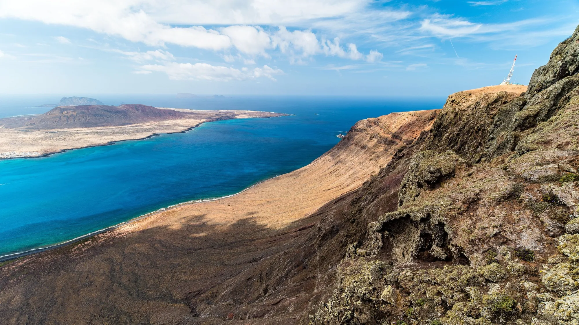 A high cliff above a deep blue strait, with La Graciosa and its volcanoes across the water
