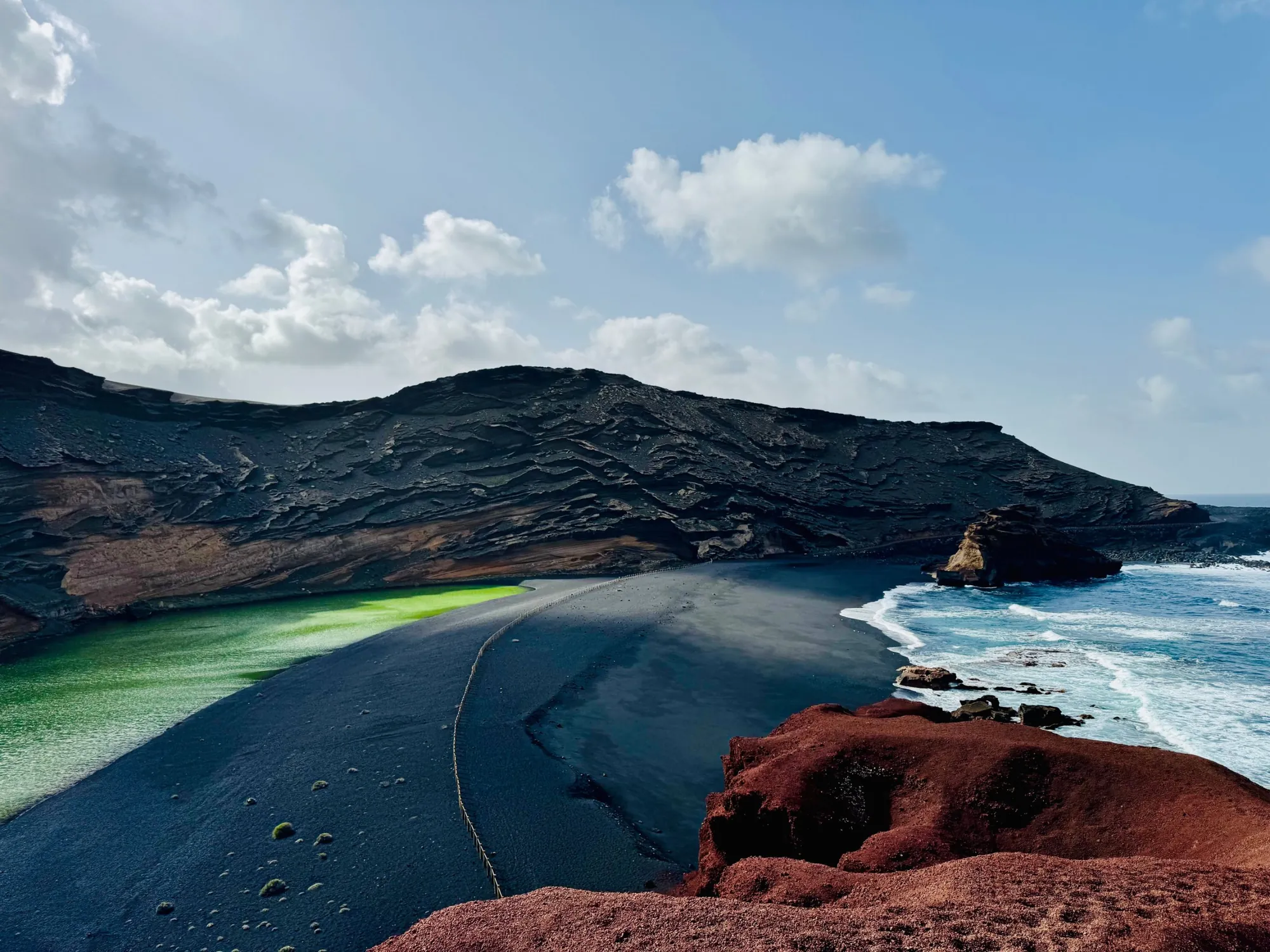 The green lagoon of El Golfo beside a black beach and red rocks on Lanzarote